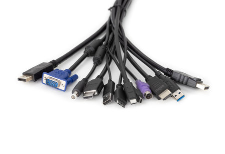 Various Plugs and Jacks with USB, VGA, HDMI, DisplayPort, Type-C and other Connectors isolated on white backgroundの写真素材