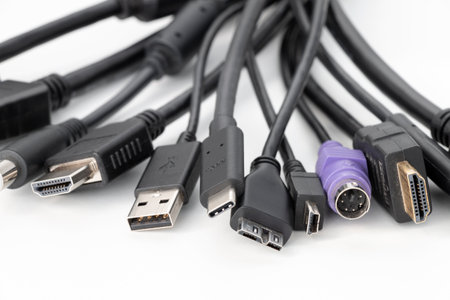 Various Plugs and Jacks with USB, VGA, HDMI, DisplayPort, Type-C and other Connectors isolated on...