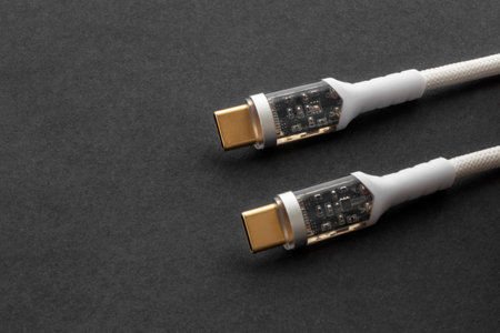 universal USB type-c 100W cable with a modern connector for charging and synchronizing a laptop with gadgets. On a gray background with copy space.の写真素材