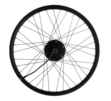 Rear motor-wheel of a bicycle, an electric motor spoked into a bicycle rim. Electric bicycle repair. cut out.の写真素材