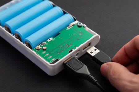 Close up of hand connecting USB cord to portable external power bank with open lid for charging.の写真素材