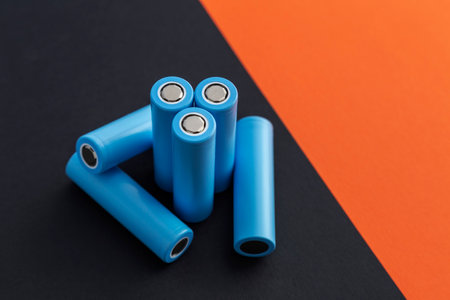 Stack of 18650 cylindrical batteries on black-orange background, rechargeable lithium-ion batteries for electrical appliances and devices. Battery cell or secondary element. With copy space.の写真素材