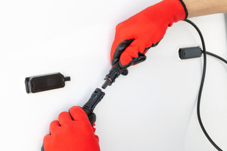Cropped view of technician in gloves installing solar panel system. Close up of hands connecting mc4 connectors over solar panel. Renewable energy concept.の写真素材