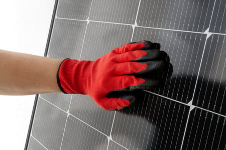 Close-up of technician's hand in glove on solar panel. Photovoltaic solar panel installation concept, on white isolated background.の写真素材