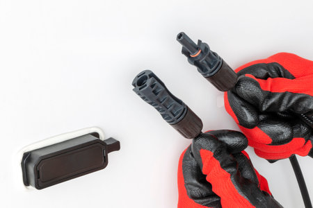 Solar photovoltaic panel MC4 connectors "male" and "female" disconnected. Alternative and renewable energy concept. On a white background.の写真素材