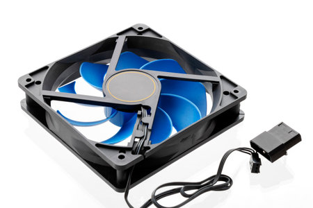 Vector computer fan 12 volt. Computer cooler with blue blades, on isolated white backgroundの写真素材