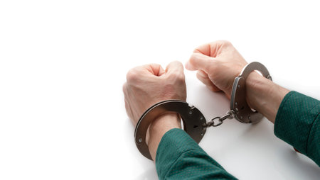 handcuffed hands on isolated white, closeup with copy spaceの写真素材