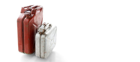 old jerry cans isolated on white background, with copy spaceの写真素材
