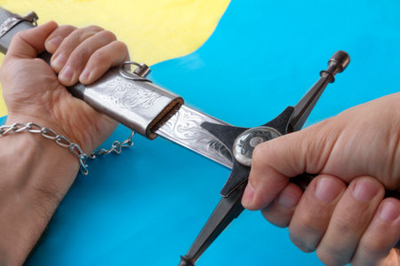 A Ukrainian Cossack saber in hands, being drawn from its scabbard, close-up against the background of a flagの写真素材
