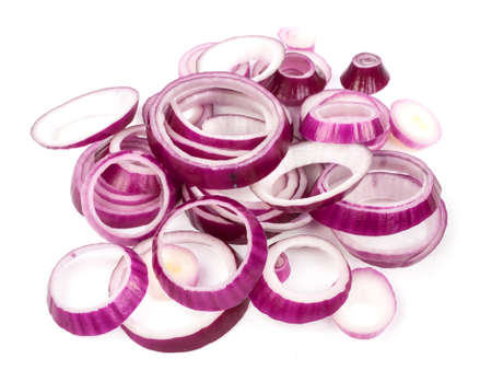 Red onion sliced rings on a white backgroundの写真素材