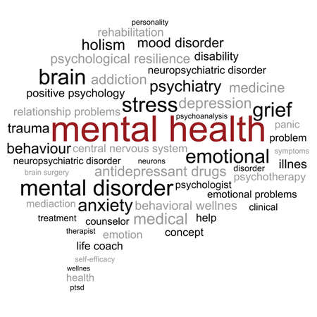 Mental health word cloud shaped as a brainのイラスト素材