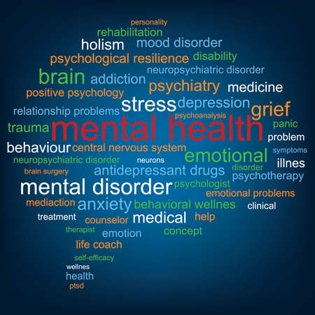 Mental health word cloud shaped as a brainのイラスト素材