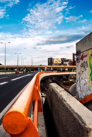 Highway part that crosses the bridge in Belgrade with amazing sky and clouds above itのeditorial素材