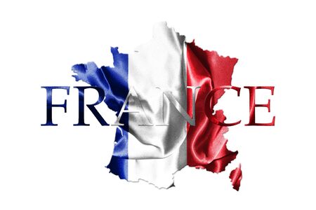 National Flag Of France Waving in the Wind With French Map And Country Name On Isolated On White Background It 3D illustrationの写真素材