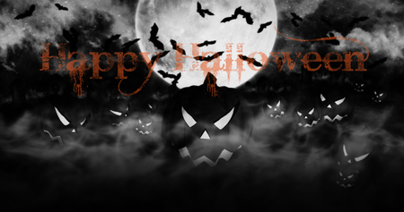 Halloween Pumpkins At The Cemetery Rising From The Mist With Clouds and The Moon In The Background 3D illustration の写真素材