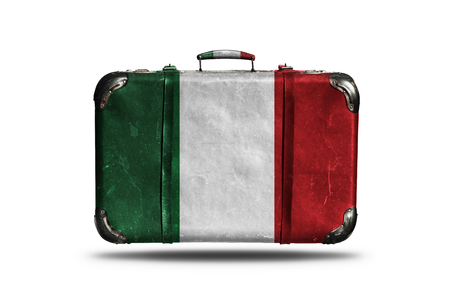 Travel Vintage Leather Suitcase With Flag Of Italy Isolated On White Backgroundの写真素材