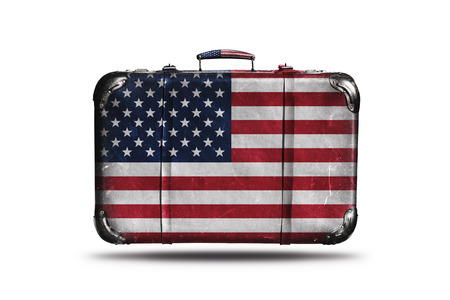 Travel Vintage Leather Suitcase With Flag Of United States Of America Isolated On White Backgroundの写真素材