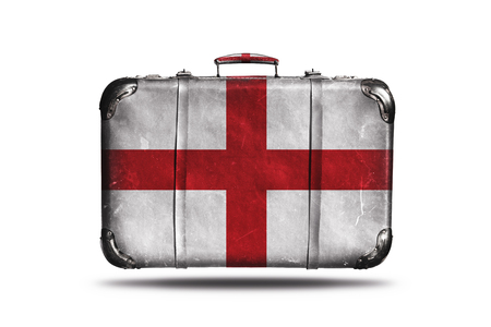 Travel Vintage Leather Suitcase With Flag Of England Isolated On White Backgroundの写真素材