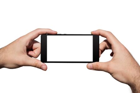 Smartphone in Hands With Blank Screen For Copy Space Isolated On White Backgroundの写真素材