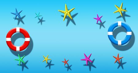 Summer Holiday At Swimming Pool With Scuba Mask, Flippers and Starfish Floating On a Blue Water...