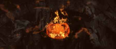 Halloween Pumpkin, Jack Oâ€™ Lantern Burning in Flames in a Haunted, Scary Ambient With Grim...