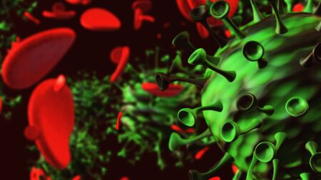 Covid 19. CoronaVirus Healthcare Concept. Microbiology And Virology. Coronavirus bacteria in Red Artery Surrounded by Blood Cells 3D Renderの写真素材