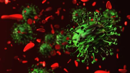Covid 19. CoronaVirus Healthcare Concept. Microbiology And Virology. Coronavirus bacteria in Red Artery Surrounded by Blood Cells 3D Renderの写真素材