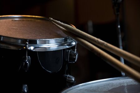 Drumsticks and Drums. Music and musical instruments in music studio