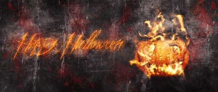 Halloween pumpkin, Jack O Lantern burning in flames in a haunted, scary ambient