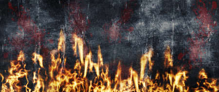 Halloween background. Burning fire with flames and blood. Scratched and worn look 3D illustrationの写真素材
