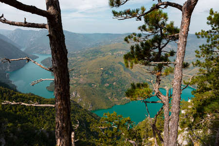 Tara National Park, Serbia. Viewpoint Banjska Stena. View at Drina river canyon and lake Perucac...