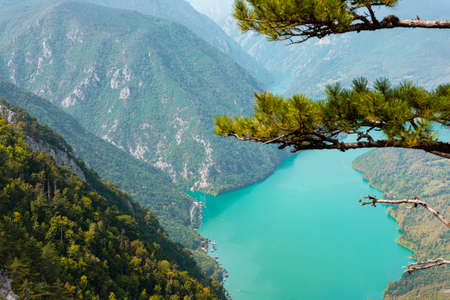 Tara National Park, Serbia. Viewpoint Banjska Stena. View at Drina river canyon and lake Perucac...