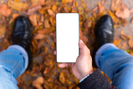 Man holding smartphone with white screen outdoors with yellow autumn leaves on the ground. Empty...