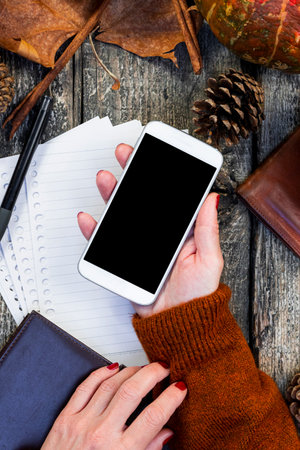 Female holding Smartphone with blank screen for copy space and notepad on wooden table with pumpkins, fall colorful leaves, autumn composition, Thanksgiving, concept. Top view.の写真素材
