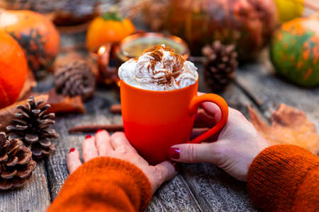 Coffee latte with whipped cream and cinnamon on top held in womans hands on a wooden background of pumpkins, autumn leaves. Fall and Thanksgiving conceptの写真素材