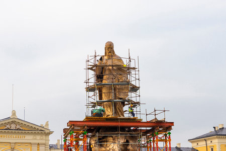 Belgrade, Serbia - November 23. 2020: Stefan Nemanja Monument under construction in front of old railway station in Belgrade, Serbiaのeditorial素材