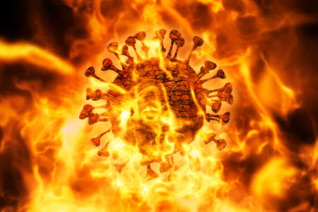 Corona virus bacteria burning in flames and fire 3D Rendering