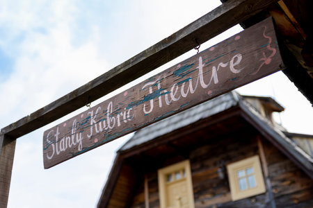 Drvengrad, Serbia- 18 September 2020: Sign "Stanly Kubric Theatre" at Kustendorf, traditional wooden village Drvengrad built by Emir Kusturica. Mokra Gora in Zlatibor surroundingsのeditorial素材