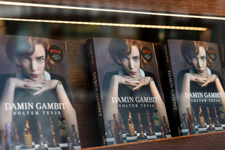 Belgrade, Serbia - March 23, 2021:  Book store and the book Queens Gambit in shop window in Knez Mihailova pedestrian and shopping area in Belgradeのeditorial素材