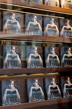 Belgrade, Serbia - March 23, 2021:  Book store and the book Queens Gambit in shop window in Knez Mihailova pedestrian and shopping area in Belgradeのeditorial素材