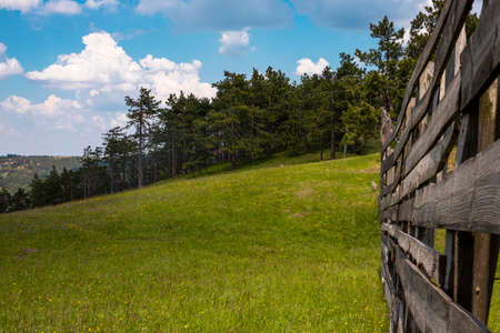 View of the wooden fence, meadow and amazing blue cloudy skyの写真素材