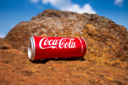 Coca-cola can resting on the rock against blue sky. Illustrative editorialのeditorial素材
