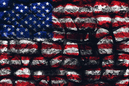 Flag of Uited States of America over a stone wall background 3D illustrationの写真素材