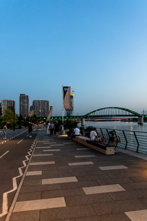 Belgrade, Serbia -  July 27, 2021: Belgrade Waterfront. Luxury residences and business buildings, pedestrian area by the river Sava at night in Belgrade, Serbiaのeditorial素材