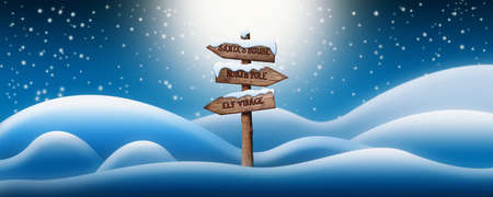 Wooden sign post in North Pole snow fields showing the way to Santa village. Winter holidays. Merry Christmas and Happy new year 3D illustrationの写真素材