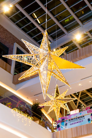 Belgrade, Serbia - November 14, 2020: Christmas decoration, stars hanging at Ada Mall shopping...
