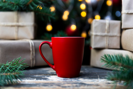 Delicious fresh festive morning coffee in a red cup on the rustic table with wrapped gifts, Christmas tree lights and spruce branches in the backgroundの写真素材