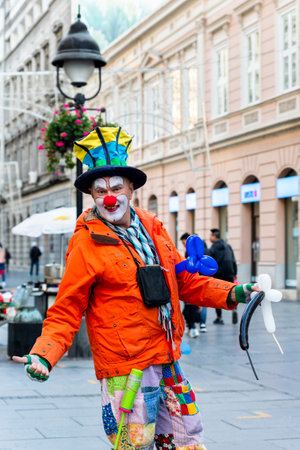 BELGRADE, Serbia - November 15, 2021 - Clown, street performer in Knez Mihailova street in Belgrade, Serbiaのeditorial素材
