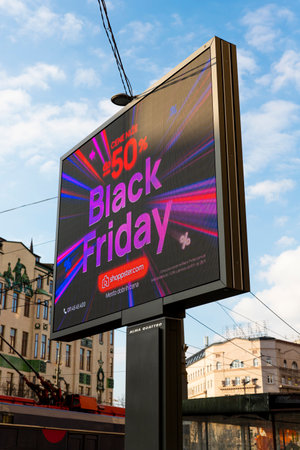 BELGRADE, Serbia - November 15, 2021 - Black friday advertising on the large bilboard in the streets of city center in Belgrade, Serbiaのeditorial素材
