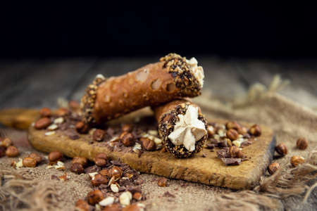 bakery, cannoli, cannoli dessert, cheese, chocolate, chocolate chips, closeup, cooking, cream,...